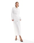 [ASOS DESIGN] ASOS DESIGN tie up ruched long sleeve maxi dress in white-Neutral 18 WHITE