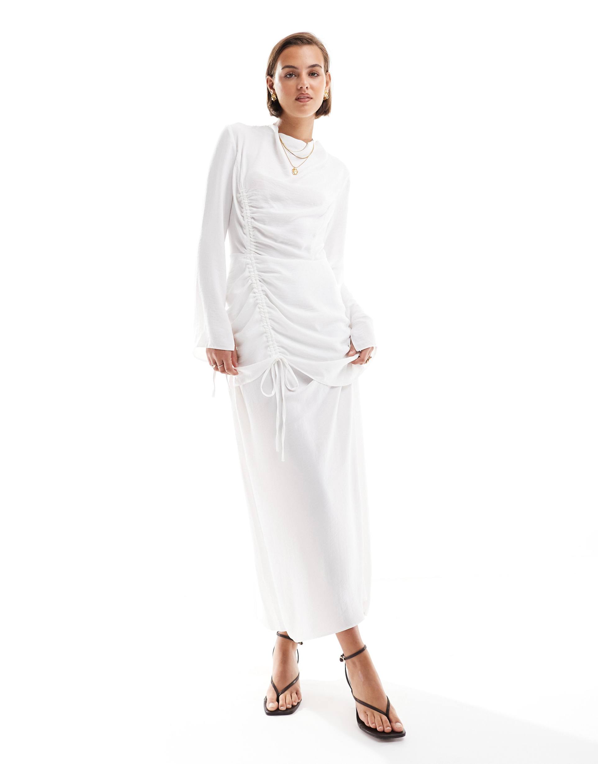 asos design tie up ruched long sleeve maxi dress in white