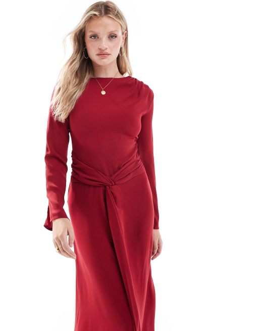 ASOS DESIGN tie up waist crepe maxi dress in red, 4 of 4