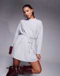 [ASOS DESIGN] ASOS DESIGN tie waist a line wide rib super soft mini dress in grey S GREY