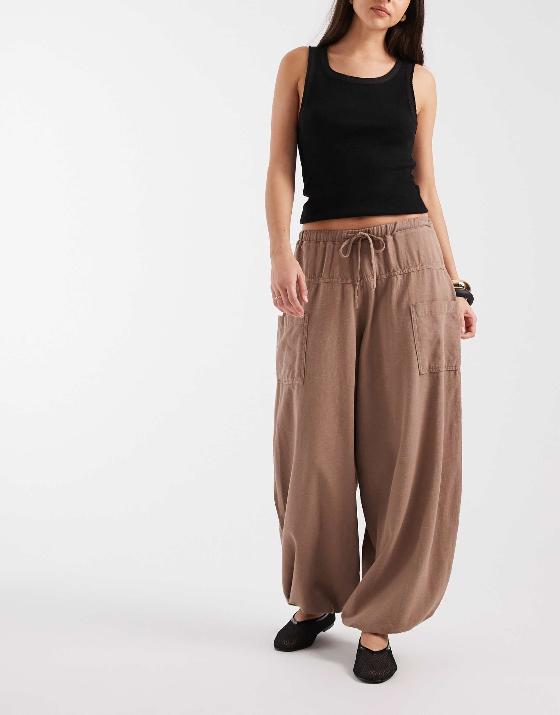 asos design tie waist casual balloon pants in mushroom