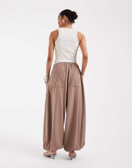 ASOS DESIGN tie waist casual balloon pants in mushroom, 3 of 5