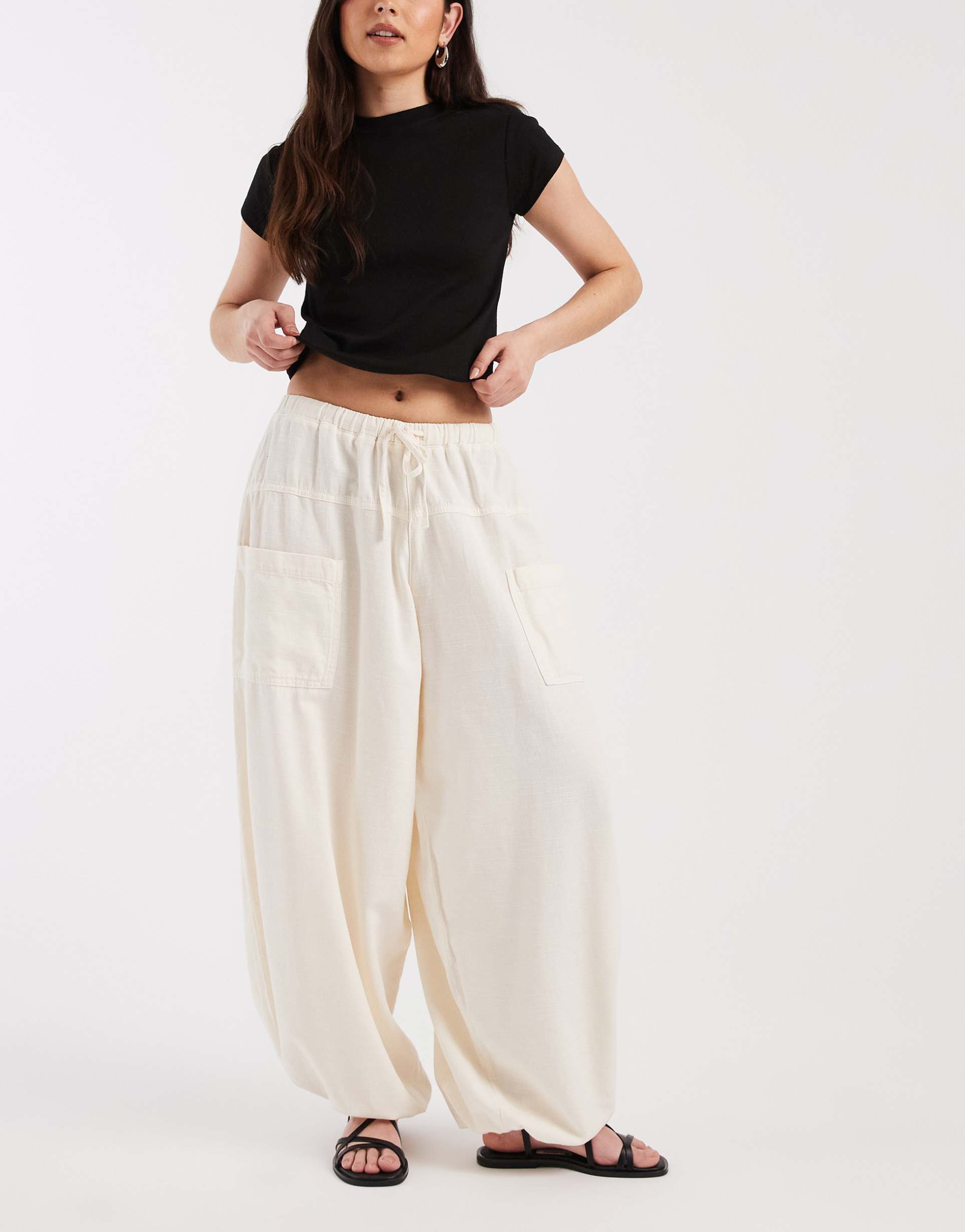 asos design tie waist casual balloon pants in white