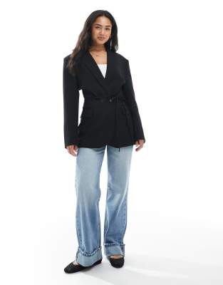 Asos Design Tie Waist Cinched Blazer In Black