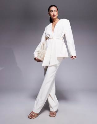 ASOS DESIGN tie waist collarless blazer in buttermilk - part of a set-Neutral