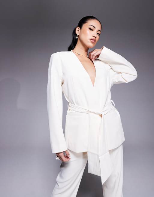 ASOS DESIGN tie waist collarless blazer in buttermilk (part of a set)