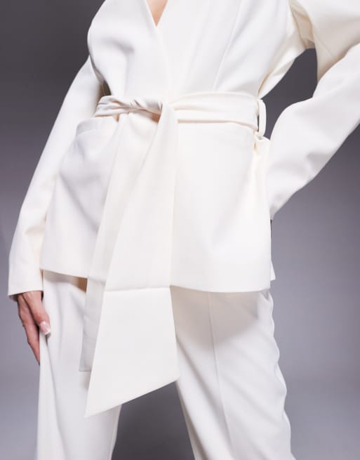 ASOS DESIGN tie waist collarless blazer in buttermilk (part of a set)