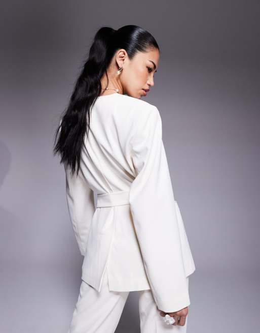 ASOS DESIGN tie waist collarless blazer in buttermilk (part of a set)