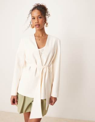 Asos Design Tie Waist Collarless Blazer In Cream-neutral