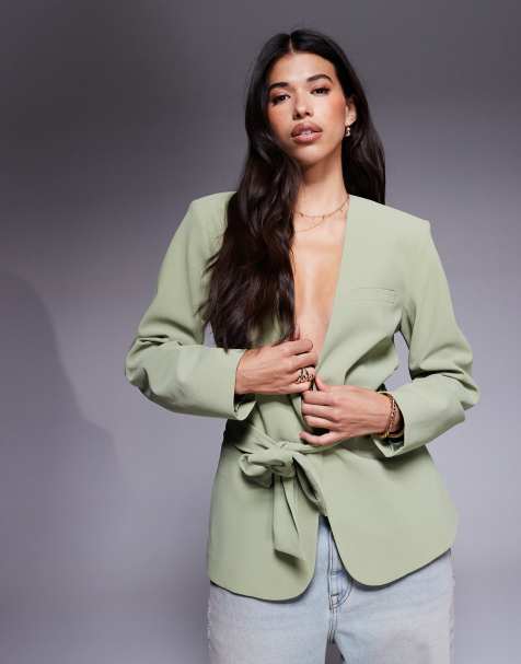 ASOS DESIGN tie waist collarless blazer in pistachio (part of a set) - view 1
