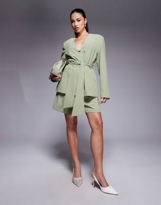 Asos Design Tie Waist Collarless Blazer In Green