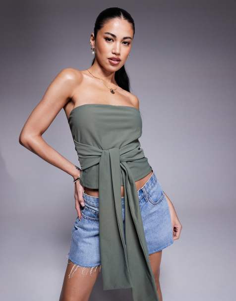 ASOS DESIGN tie waist detail bandeau top in khaki - view 1