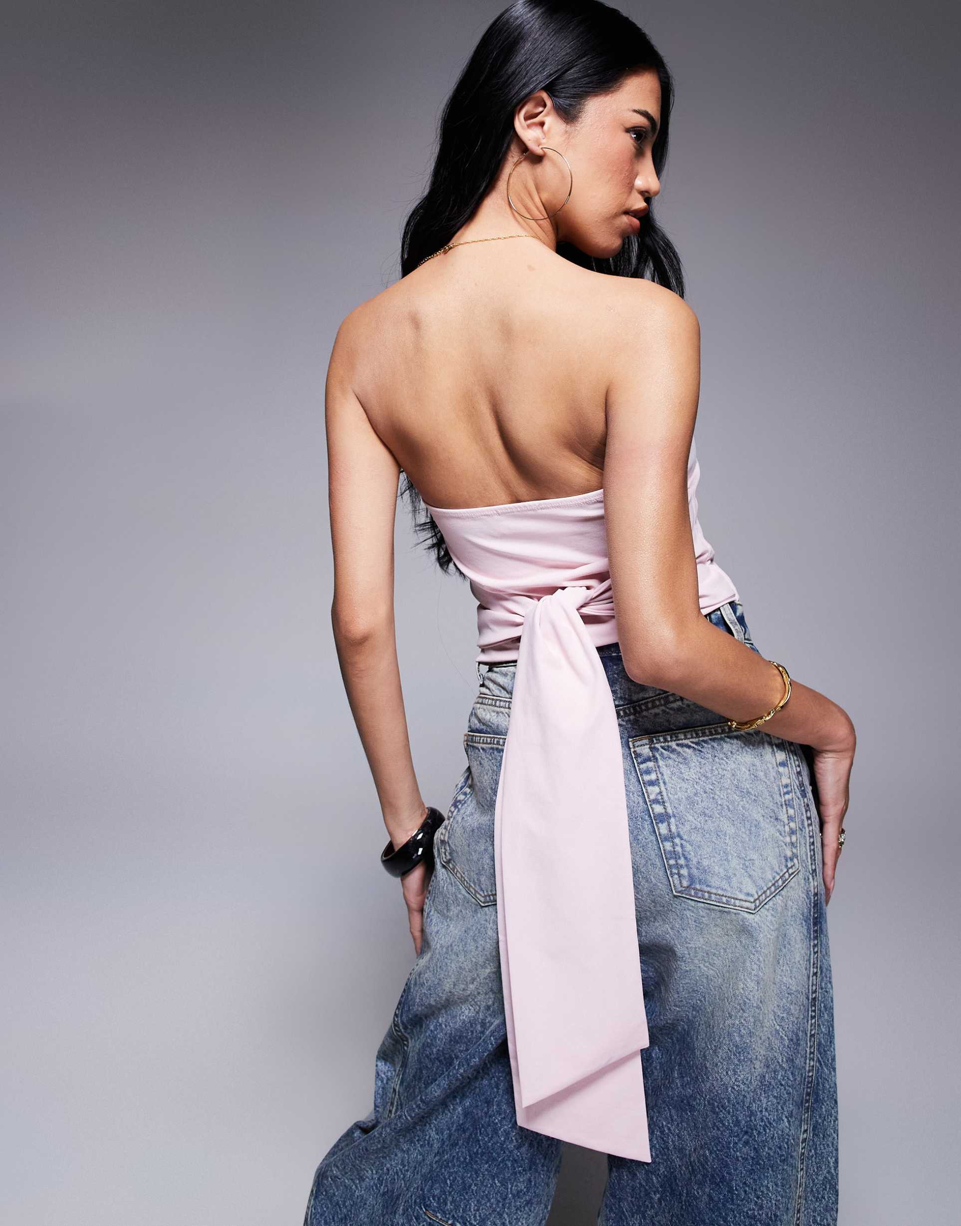 asos design tie waist detail bandeau top in pastel pink