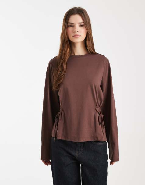ASOS DESIGN tie waist detail long sleeve top in chocolate - view 1