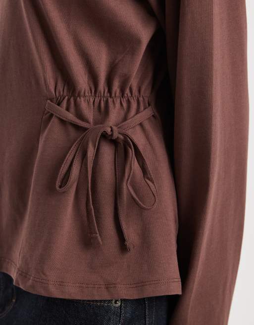 ASOS DESIGN tie waist detail long sleeve top in chocolate, 2 of 4