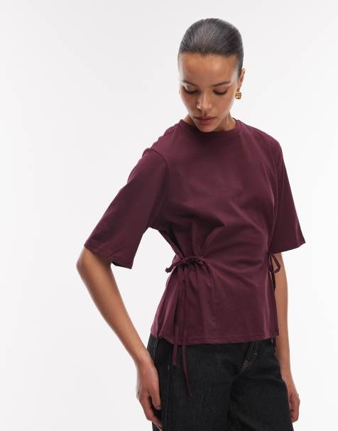 ASOS DESIGN tie waist detail short sleeve top in plum - view 1