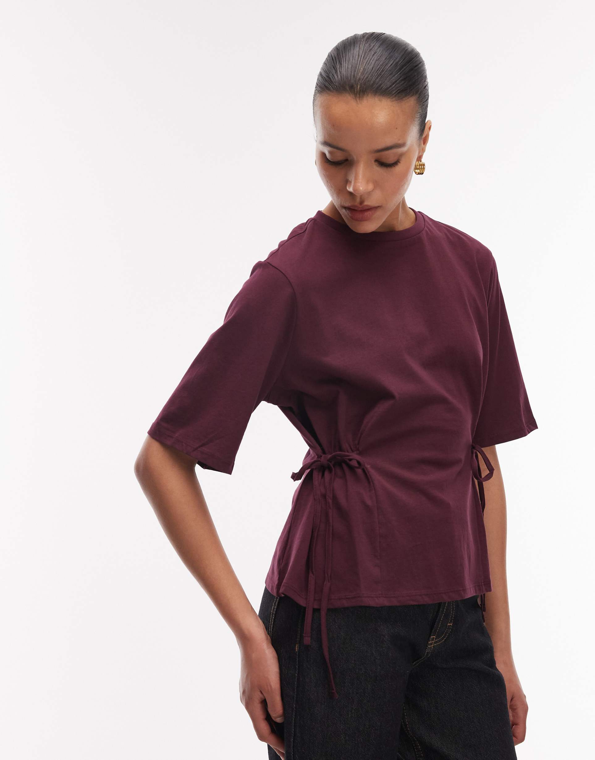 asos design tie waist detail short sleeve top in plum