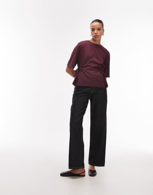 ASOS DESIGN tie waist detail short sleeve top in plum, 2 of 4