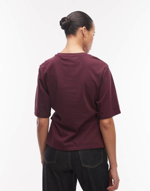 ASOS DESIGN tie waist detail short sleeve top in plum, 3 of 4