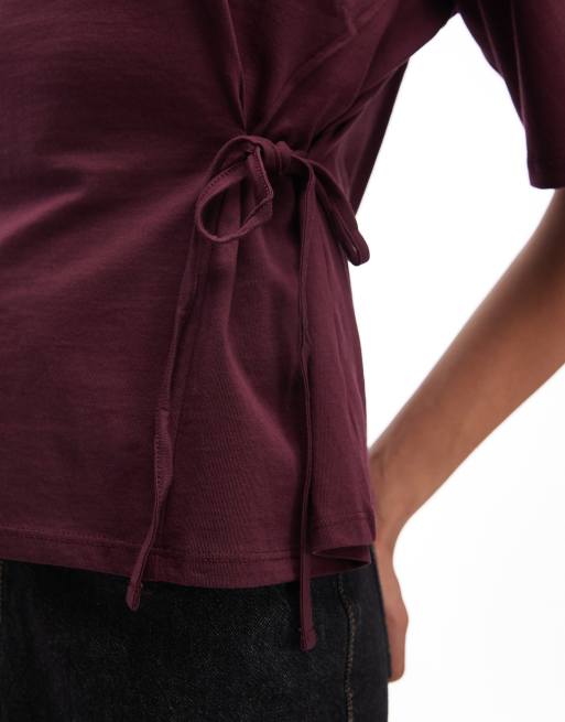 ASOS DESIGN tie waist detail short sleeve top in plum, 4 of 4