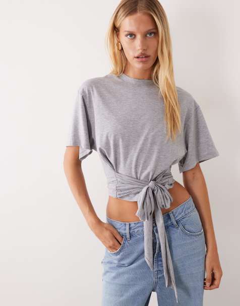 ASOS DESIGN tie waist detail t-shirt in gray heather - view 1
