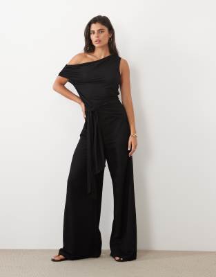 Asos Design Tie Waist Detail Wide Leg Jersey Pants In Black
