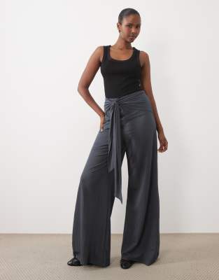 Asos Design Tie Waist Detail Wide Leg Jersey Pants In Gray