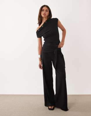 Asos Design Tie Waist Detail Wide Leg Pants In Black