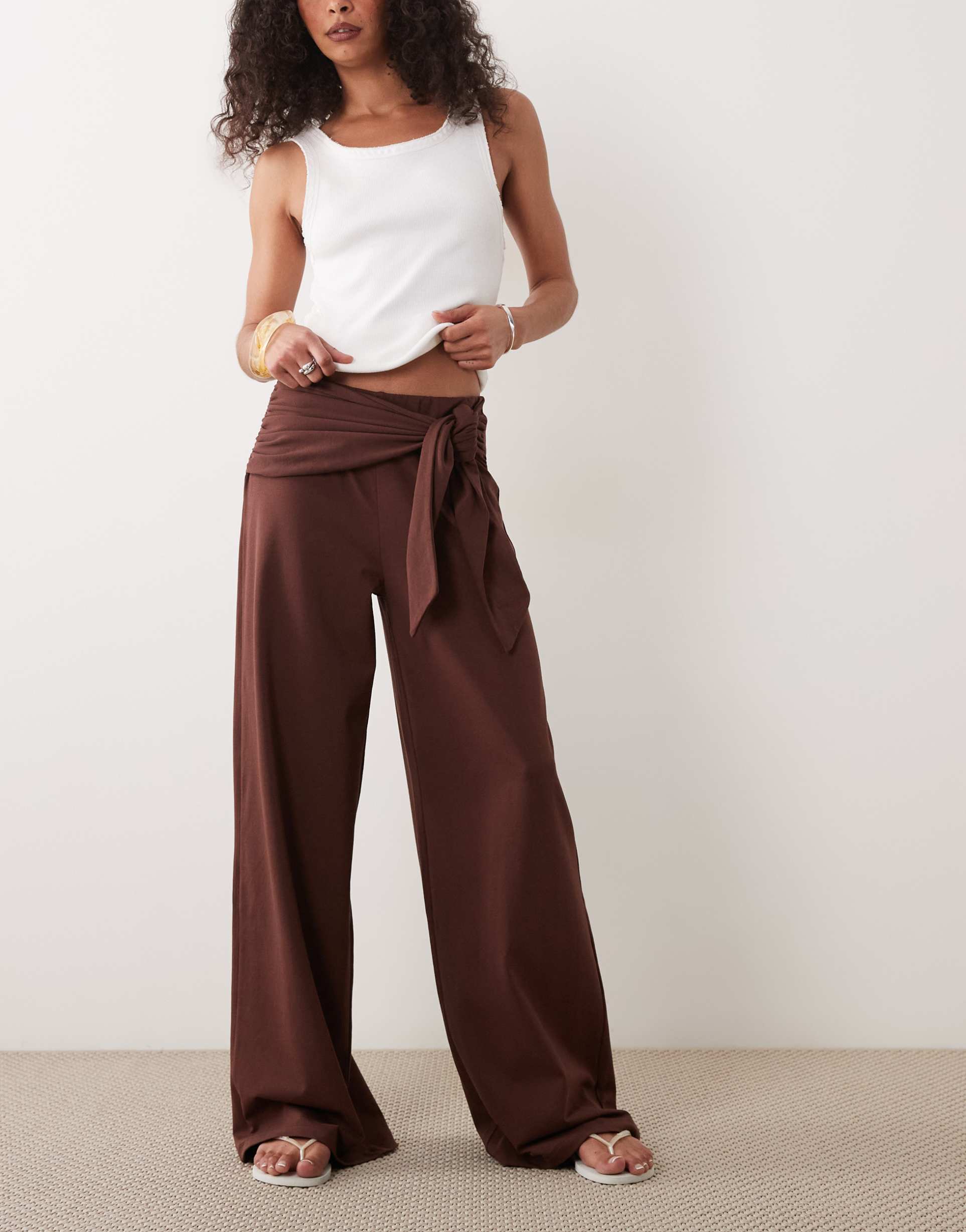 ASOS DESIGN tie waist detail wide leg trousers in brown