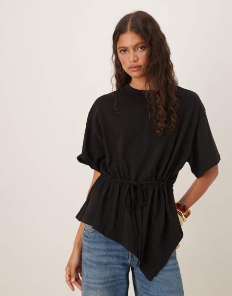 ASOS DESIGN tie waist drape t-shirt in black - view 1