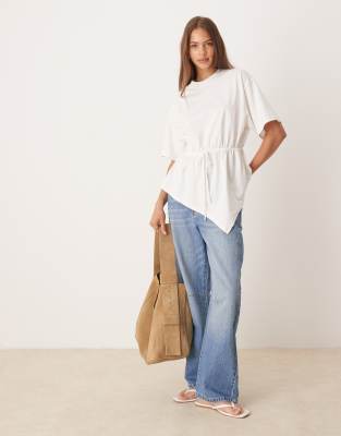 Asos Design Tie Waist Draped T-shirt In White