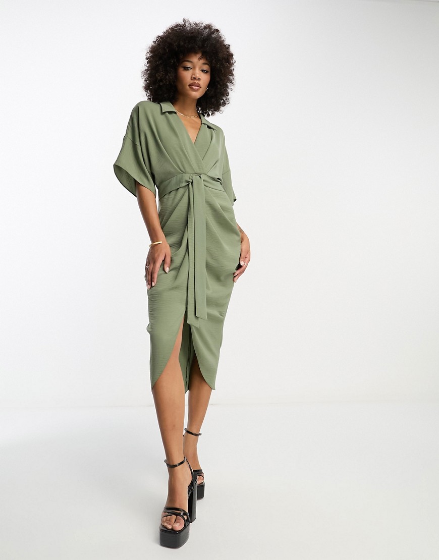 Asos Design Tie Waist Drop Shoulder Midi Dress With Ruched Skirt In Khaki-green