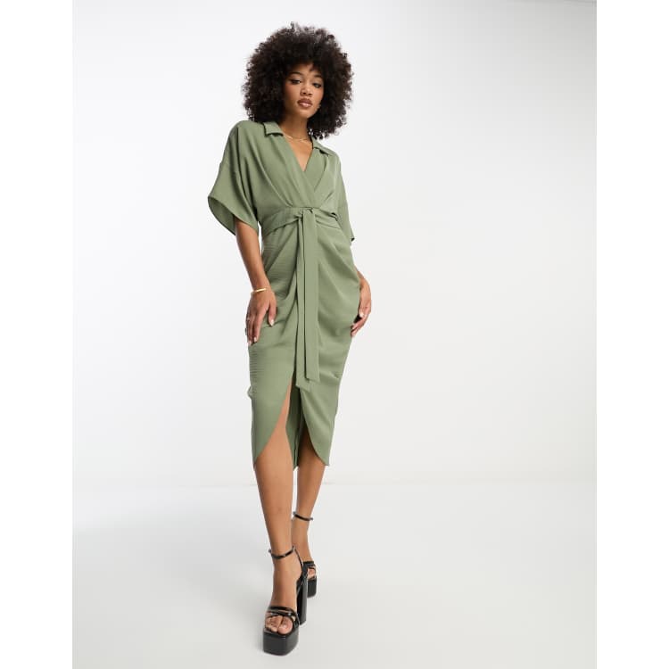 ASOS DESIGN tie waist drop shoulder midi dress with ruched skirt in khaki ASOS