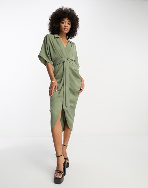 ASOS DESIGN tie waist drop shoulder midi dress with ruched skirt in khaki