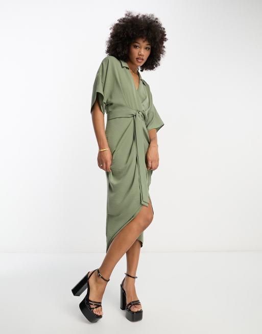 ASOS DESIGN tie waist drop shoulder midi dress with ruched skirt in khaki