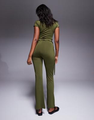 Asos Design Tie Waist Flare Pants In Green