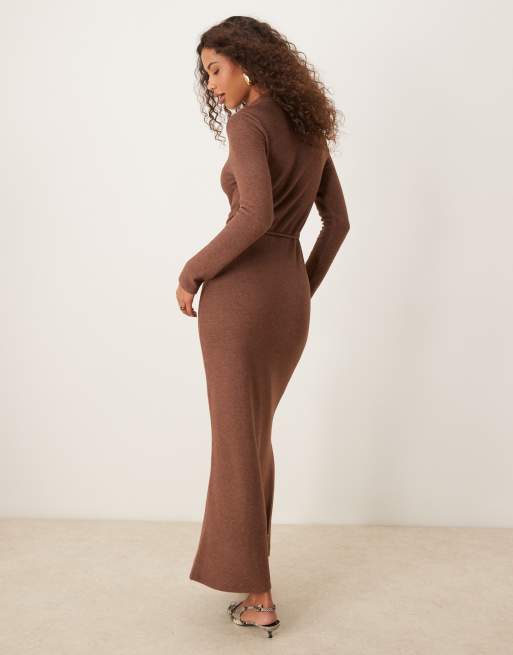 ASOS DESIGN tie waist high neck maxi super soft dress in brown, 3 of 4