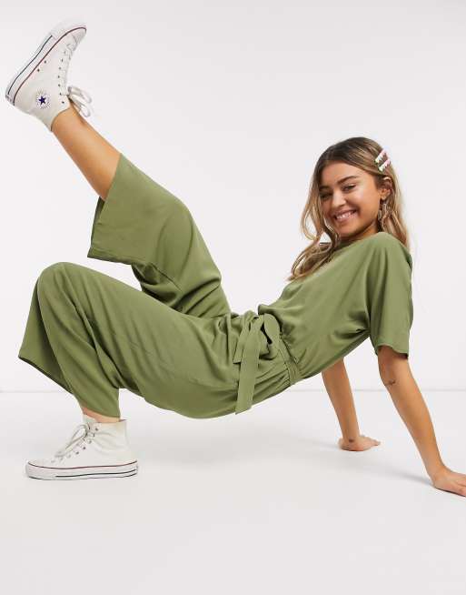 ASOS DESIGN tie waist jumpsuit in khaki