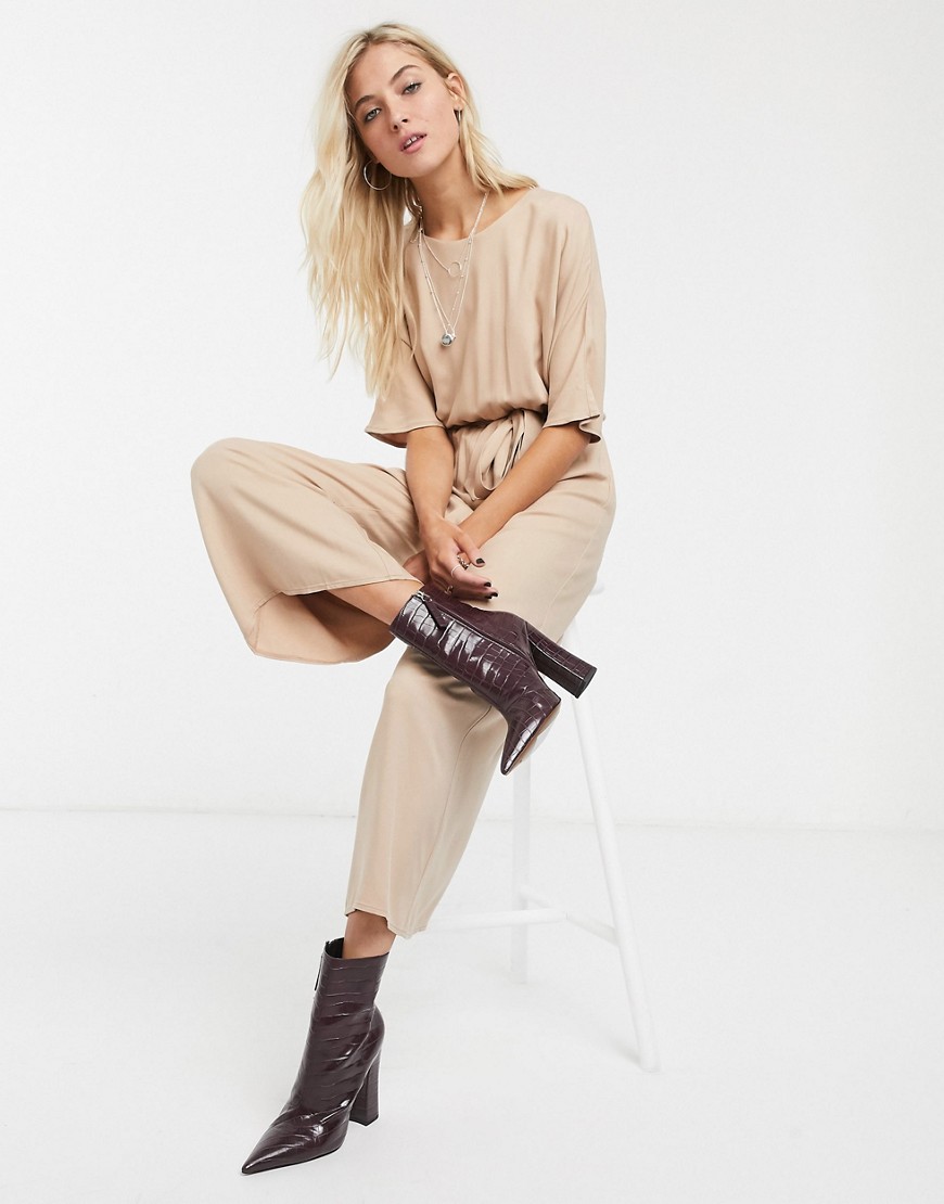 Product photo of Asos design tie waist jumpsuit in stone - neutral