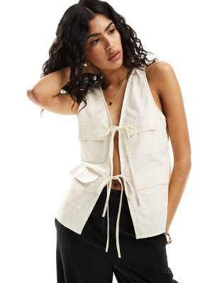 Asos Design Tie Waist Linen Mix Vest In Natural-neutral