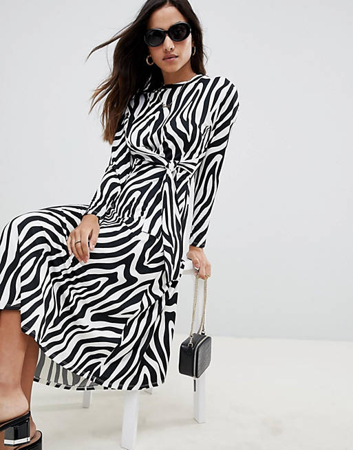 ASOS DESIGN Tie Waist Maxi Dress In Zebra Print