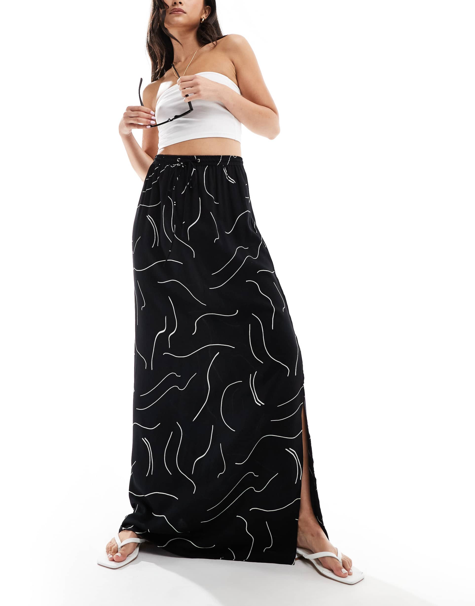 asos design tie waist maxi skirt in black and white linear print