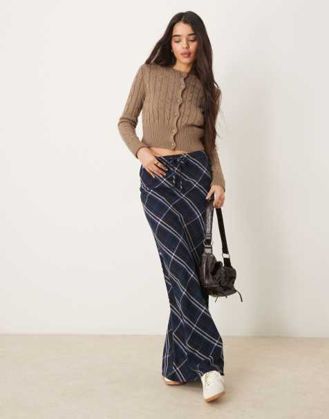 ASOS DESIGN tie waist maxi skirt in blue & pink check - view 1