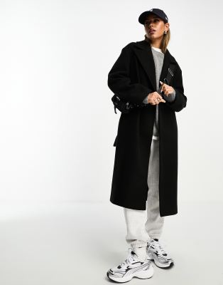 ASOS DESIGN TIE WAIST MID LENGTH COAT IN BLACK