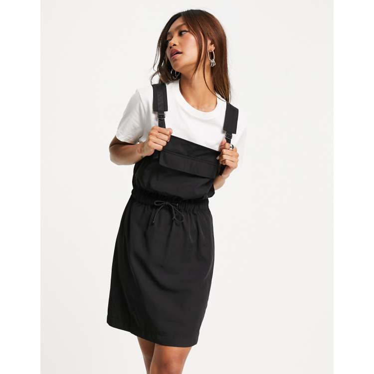 ASOS DESIGN tie waist nylon overall mini pinafore dress in black