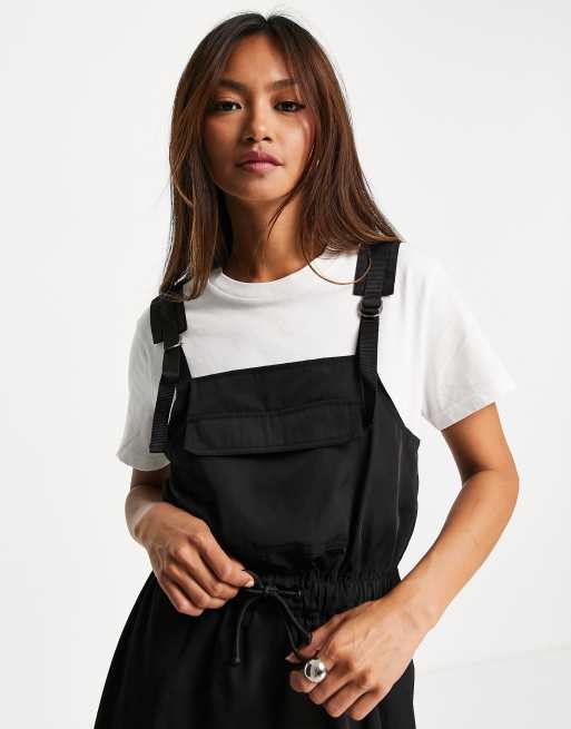 ASOS DESIGN tie waist nylon overall mini pinafore dress in black