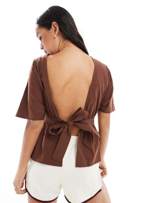 ASOS DESIGN tie waist open back sleeveless blouse in brown