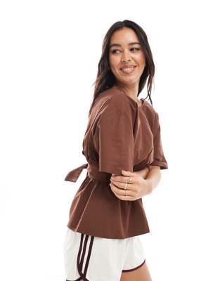 Asos Design Tie Waist Open Back Sleeveless Blouse In Brown