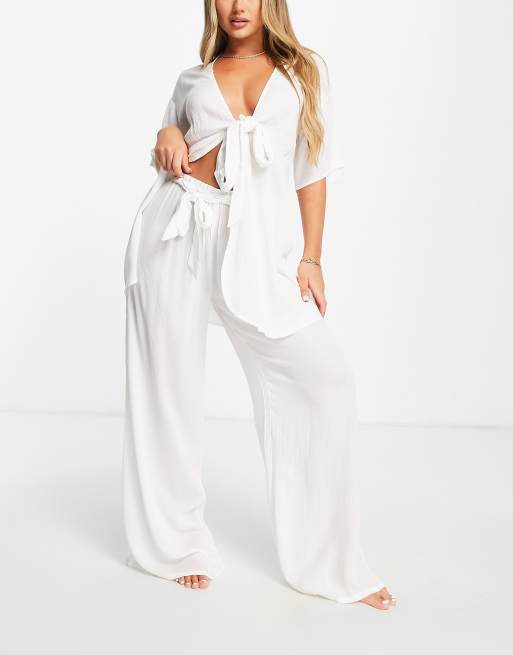 ASOS DESIGN wide leg beach pants in white