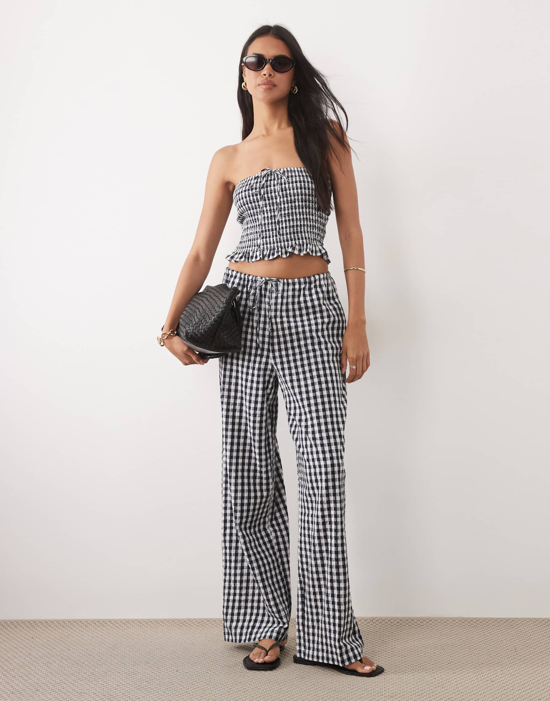 asos design tie waist pants in black gingham - part of a set